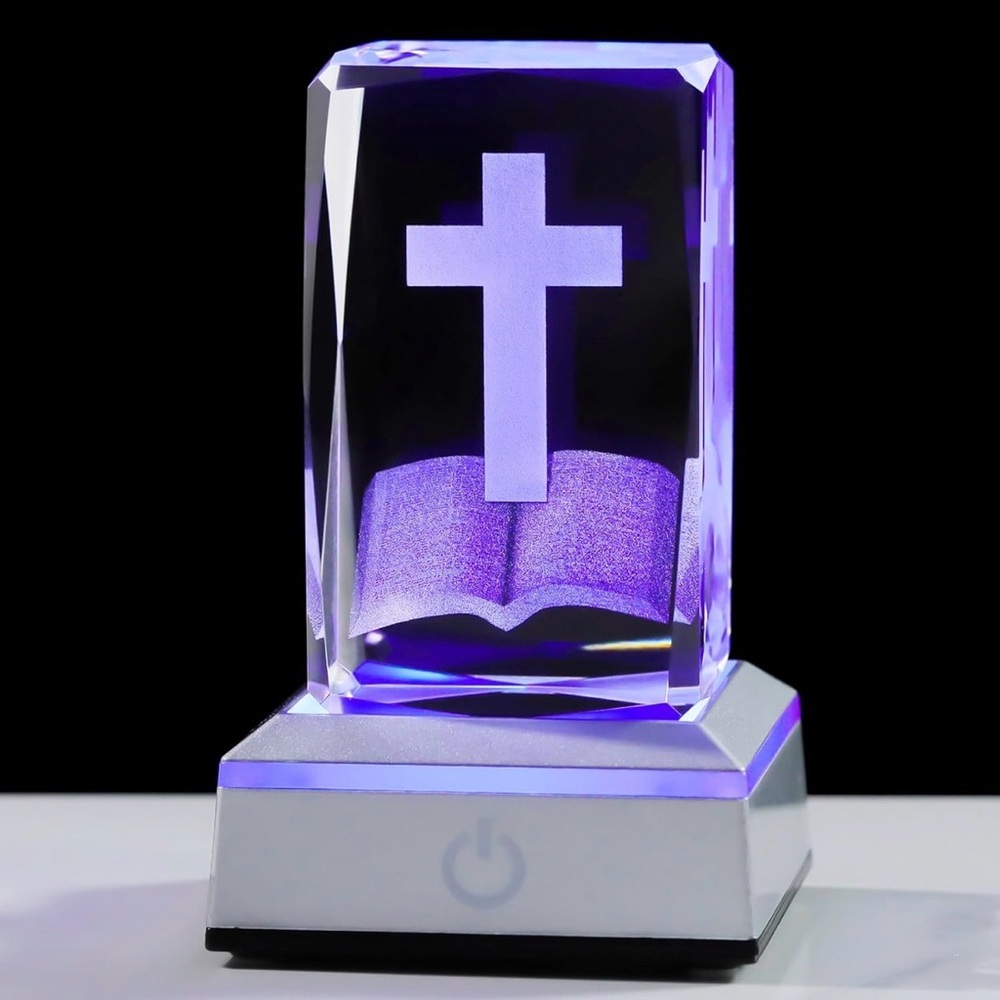 3D Crystal Bible Cross Figurine with Colorful Light Base